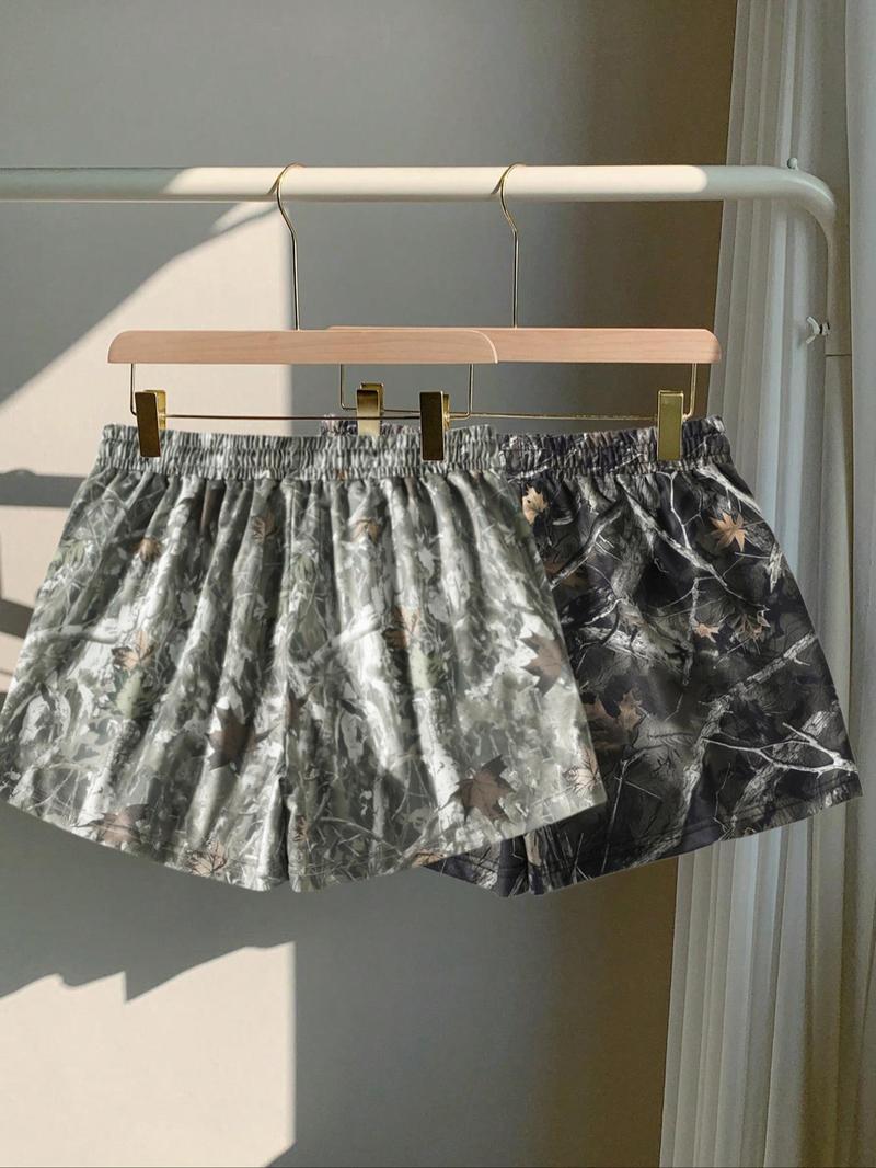 Women's Camo Print Tie Waist Shorts, Casual Comfy Breathable Shorts for Summer, Ladies Bottoms for Daily Wear, Womenswear, Lightweight Printed Shorts, Drawstring Shorts