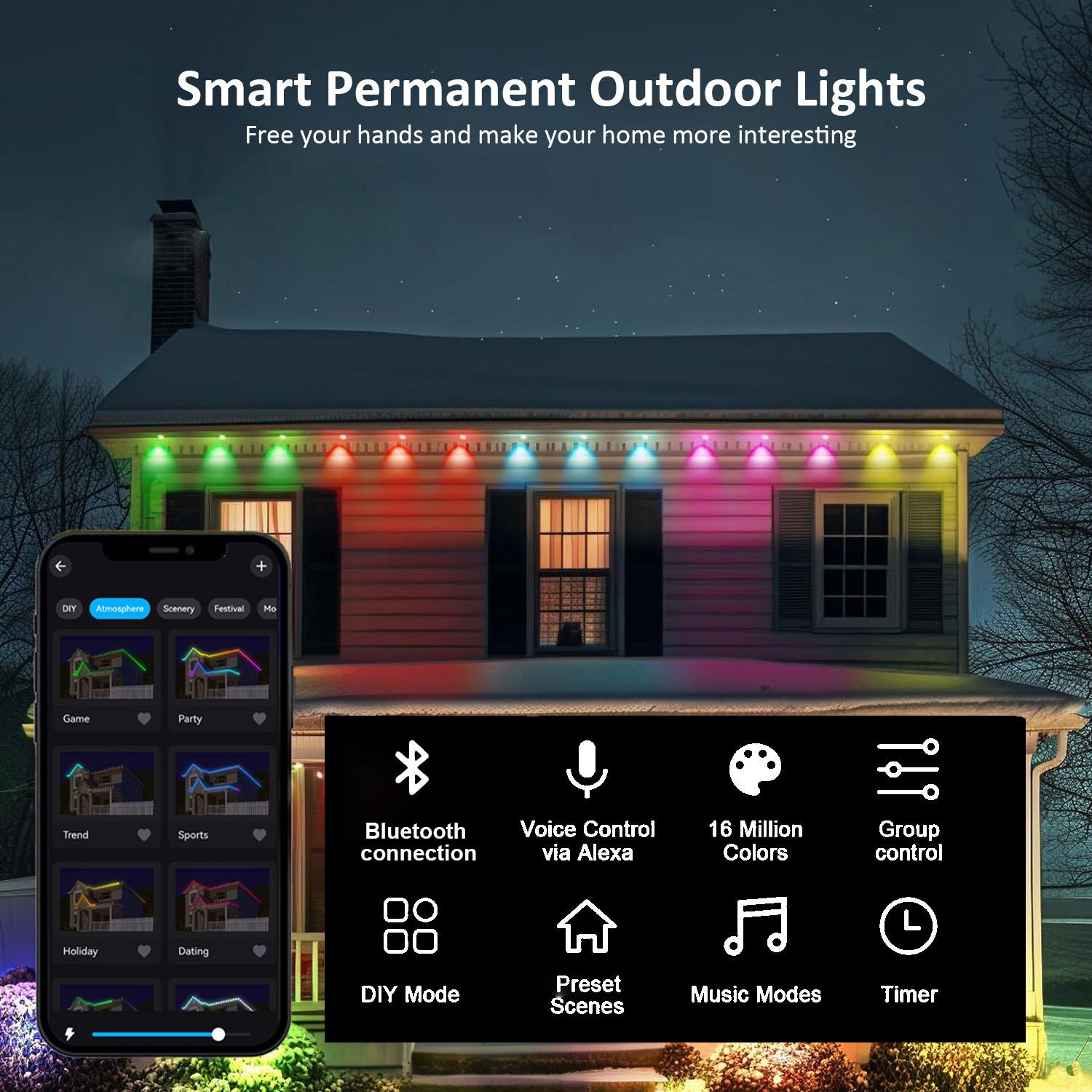 1 Pack Permanent DIY Outdoor Light Controlled by APP/Voice/Remote, RGB Smart Eaves Light, IP67 Waterproof, Suitable for Year-Round Outdoor Lighting on Roofs, Can be Used for Christmas, Holidays, 30 LEDs, 15 Meters, Extendable, Outdoor Waterproof Lights