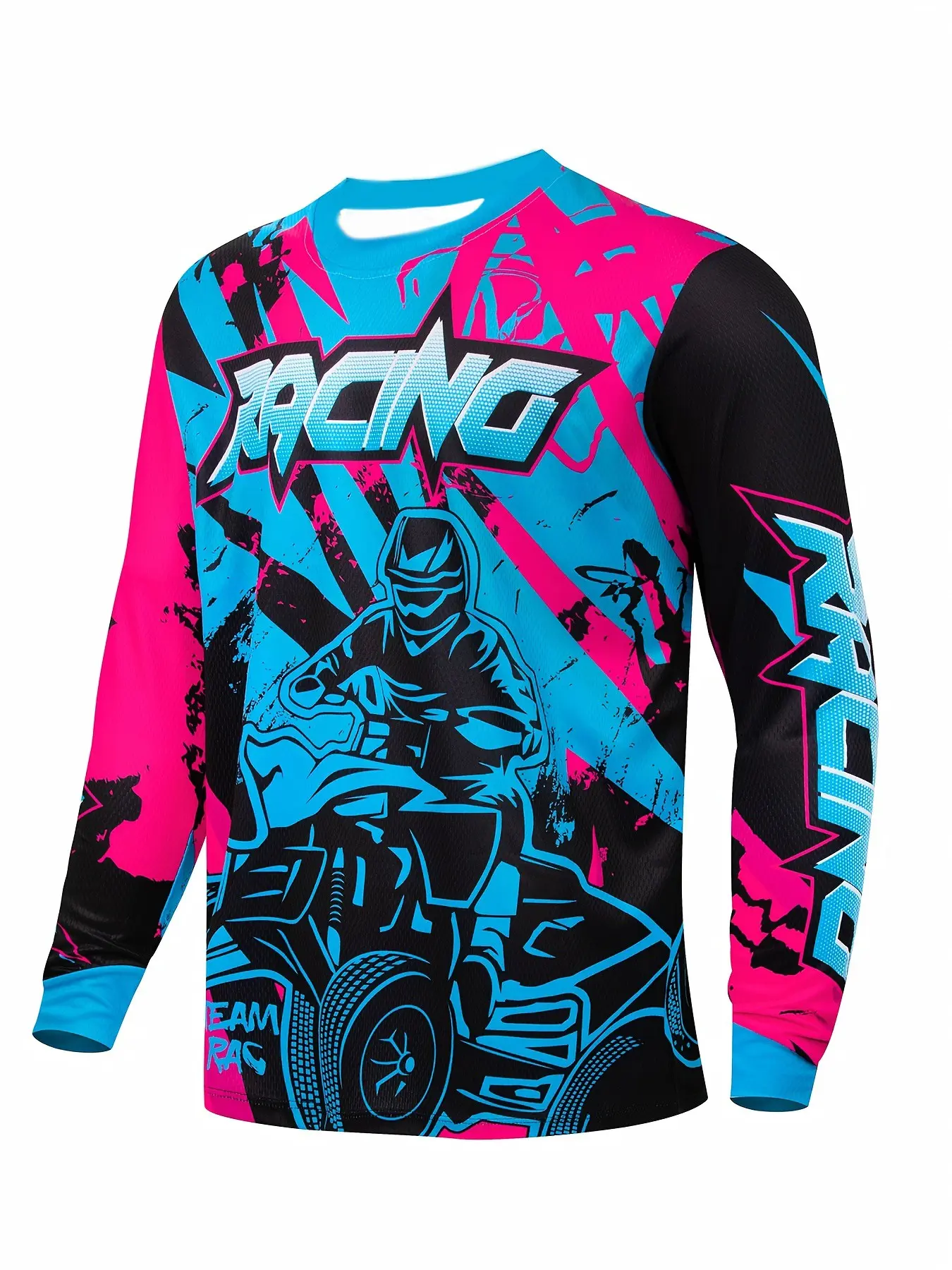 Men's Atv Racing Long Sleeve Top, Quick-Dry Breathable Off-Road Cycling Shirt, Blue Graffiti Print, Outdoor Sportwear