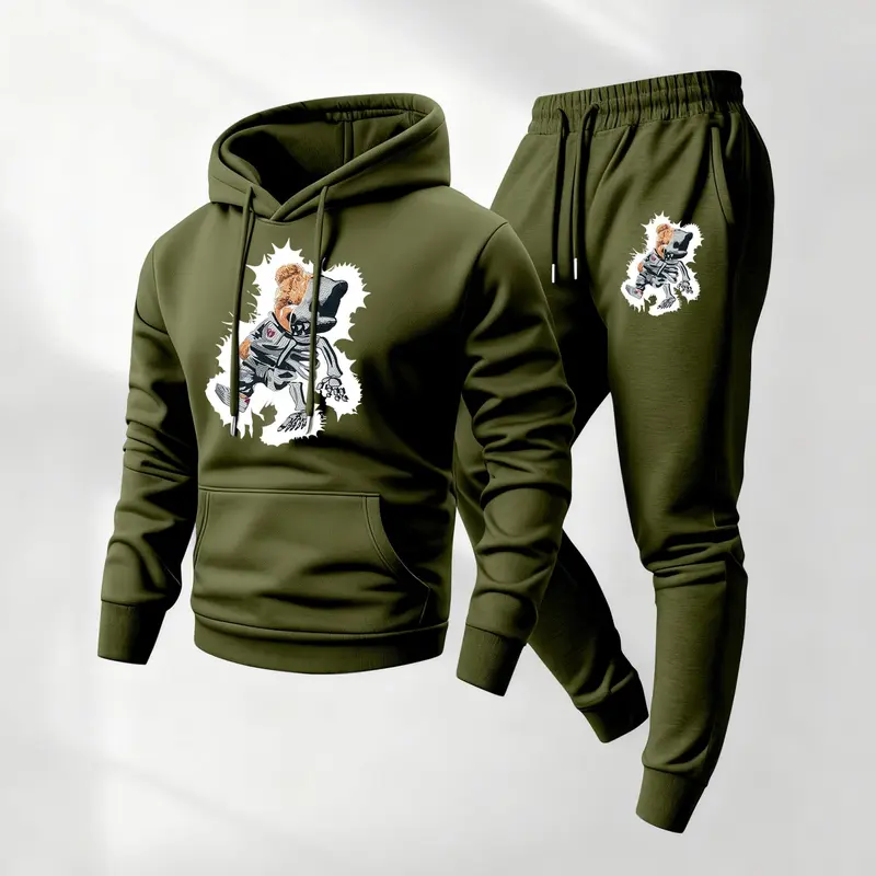 Men's bear print hooded sweatshirt and drawstring sweatpants set, men's casual sportswear, long-sleeved hooded jacket and trousers, suitable for autumn and winter, men's everyday casual wear, tracksuit, casual sports outfit.