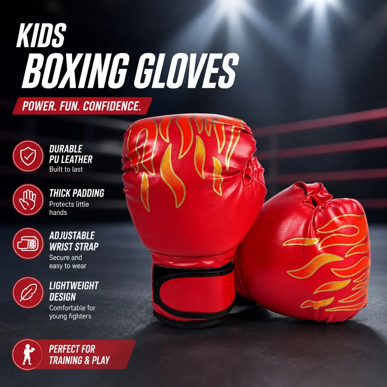 1Pair Boxing Gloves with Cool Flame Pattern for Kids, Adjustable for Beginners, Ideal for Indoor and Outdoor Training, Boxing Equipment for Training, Perfect Gift for Holidays