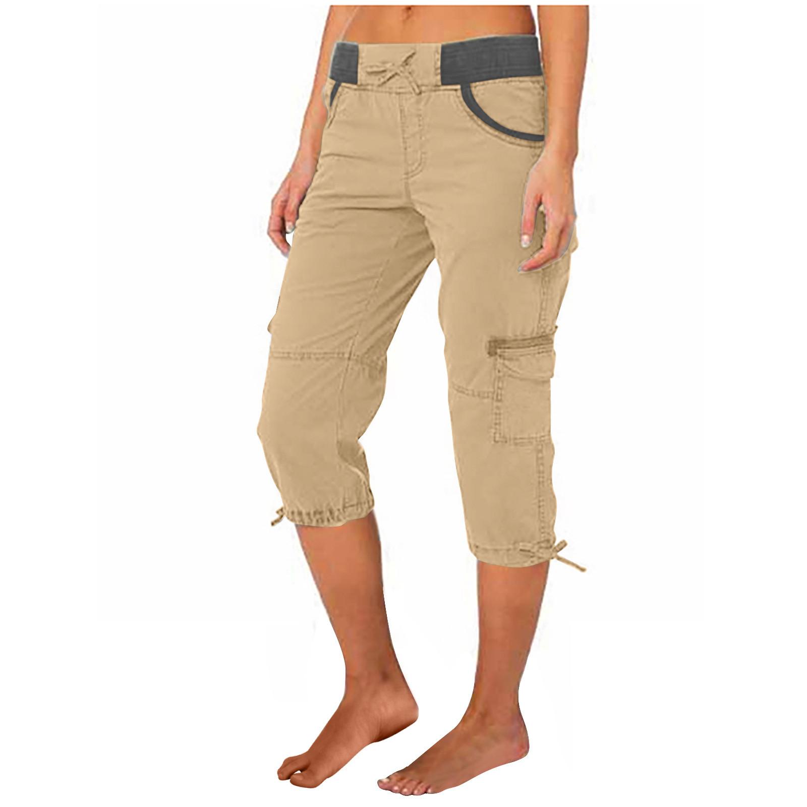 Women Cargo Capris Soild Casual Pants With Pocket Drawstring Outdoor Hiking Pants Women'S Slacks Thin Streetwear Tops Chic White Womenswear Bottom Comfort Basic
