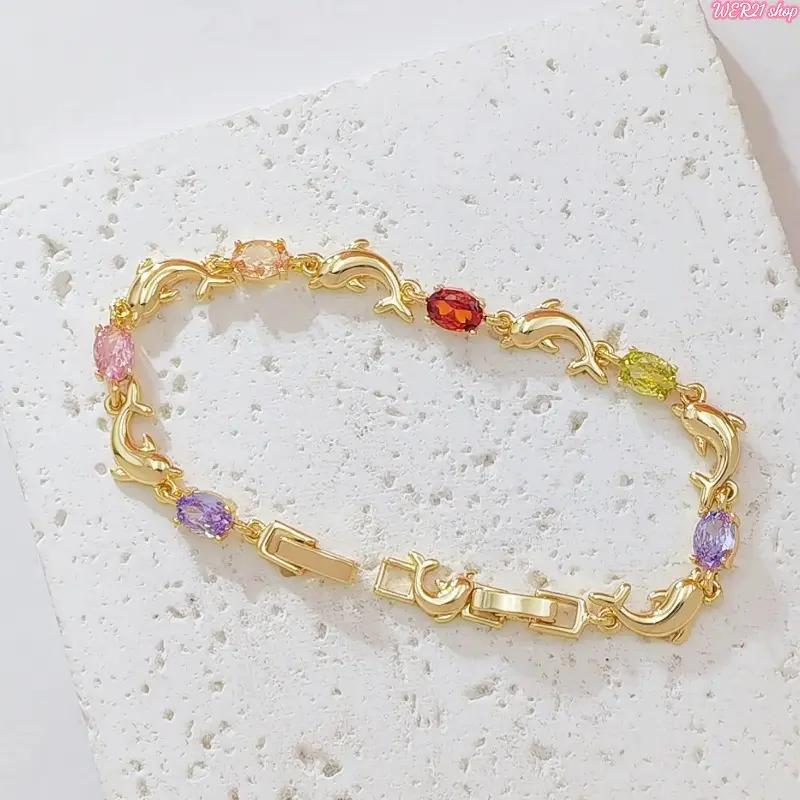 [WER21]14K Gold Plated Dolphin Link Bracelet for Women, Dainty Chain Bracelet with Oval Multicolor Cubic Zirconia Charms, Ocean Animal Stackable Fashion Jewelry Gift for Summer Beach Birthday