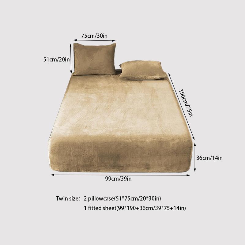 Solid Color Fitted Sheet and Pillowcase Set, 3 pcs/set Including 1 Plush Fitted Sheet and 2 Pillowcases without Filler, Soft Bedding Set