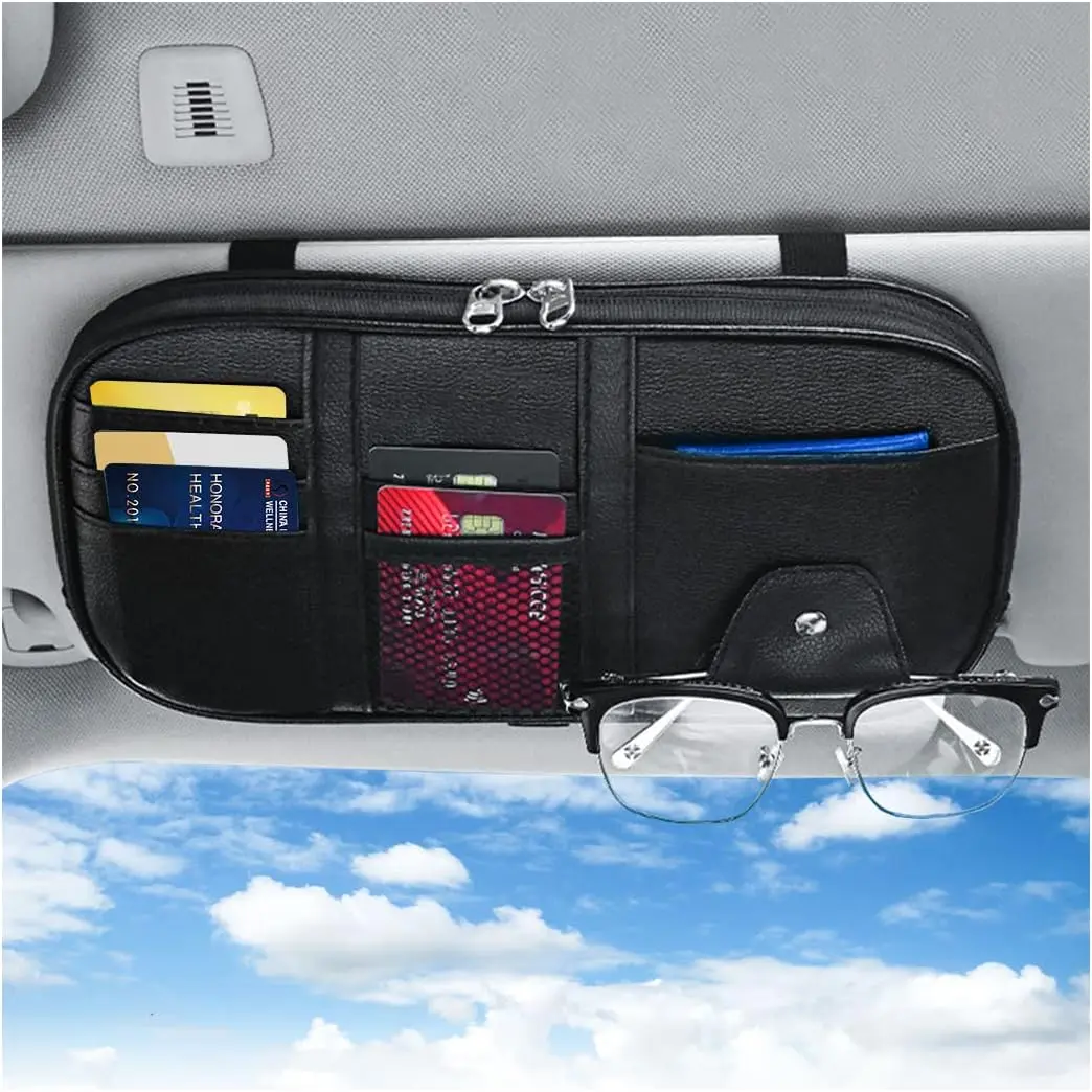 Synthetic Car Sun Visor Organizer with Zippered Multi-Pocket Net, Card Pouch, Sunglass Holder, Pen & Key Storage - Auto Interior Stowing Accessory for SUV/Van (Black)