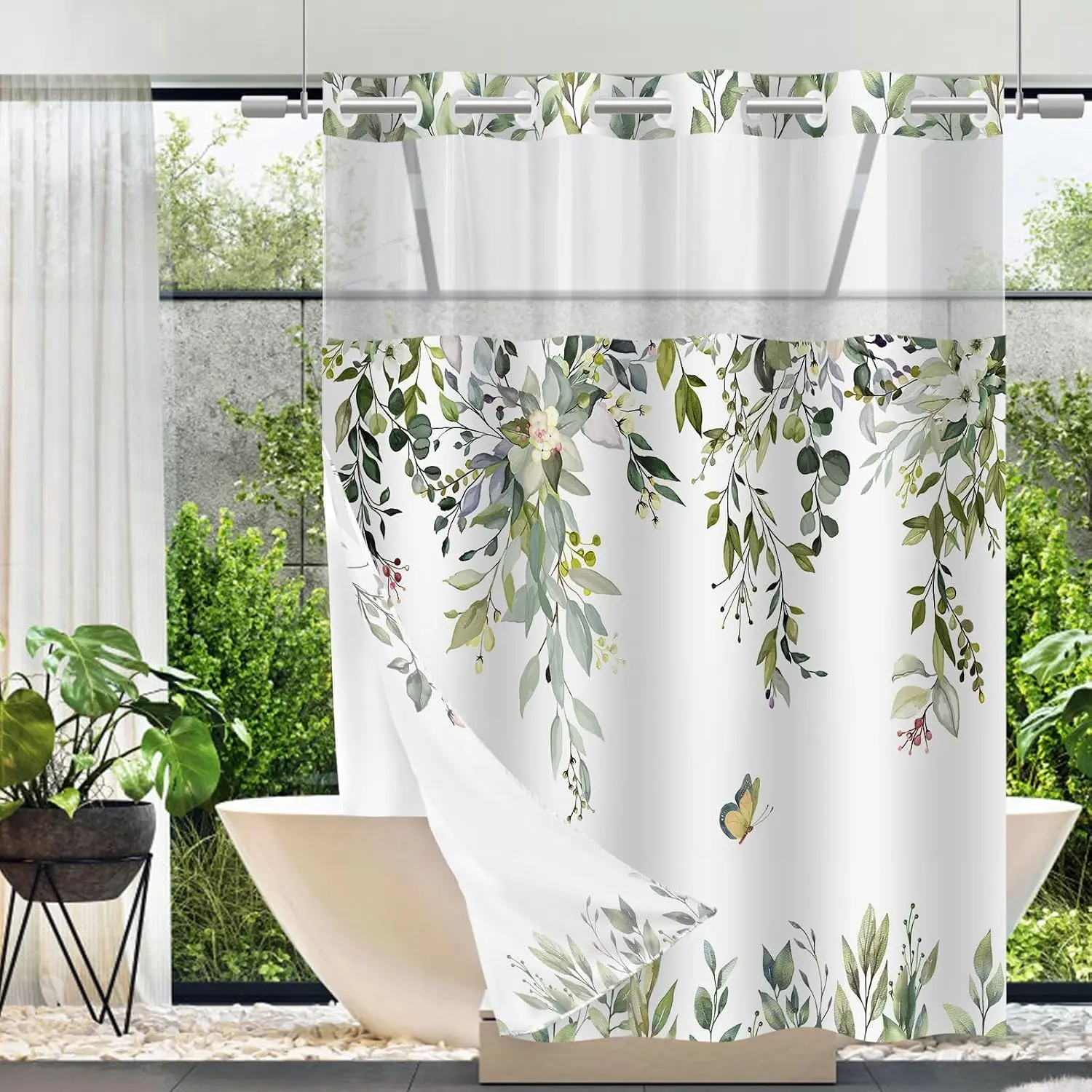 No Hook Shower and Liner Set, Sage Green Eucalyptus 71x74| Floral, with Snap in Liner, See-Through Top Window, Waterproof, Machine Washable, Quick-Drying, for Hotel
