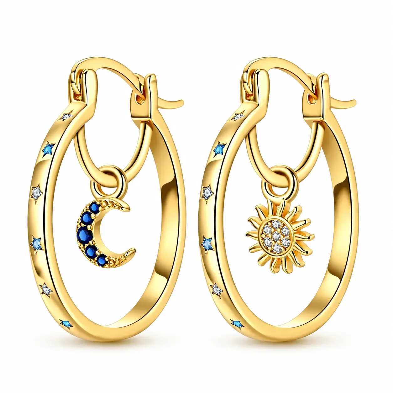 Gold Moon and Sun Huggie Hoop Earrings for Women, Celestial Star Charm Earrings with Blue Crystal Crescent Moon Pendant, Unique Boho Y2K Jewelry Gift for Her