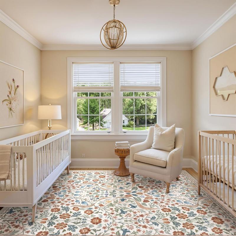 Moynesa Floral Washable Faux Cashmere Rugs, 8x10 Area Faux Cashmere Rug for Living Room, Soft Large Boho Bedroom Faux Cashmere Rugs, Flower Non Slip Ultra Thin Botanical Carpet for Dining Room Nursery Office, Beige