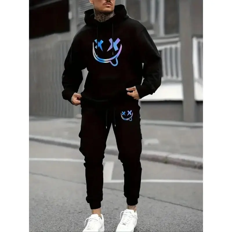 Men's Regular Fit Smile Face Print Hoodie & Drawstring Waist Pants Set, Casual Long Sleeve Hooded Pullover & Pocket Pants, Men's Fall & Winter Clothes