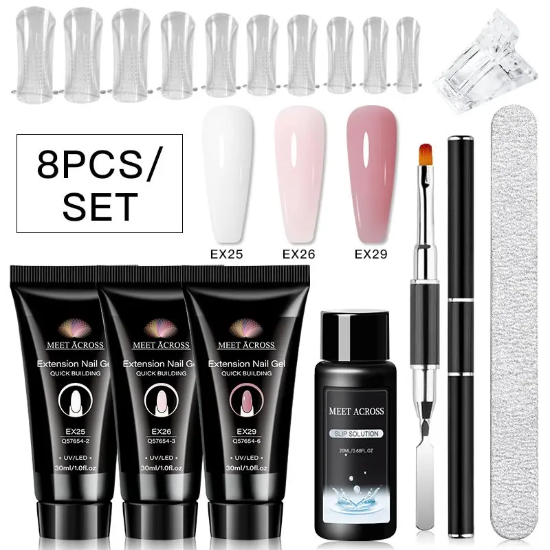 MEET ACROSS 8pcs/set 90ML Extension Poly Nail Gel, Nails Extension Enhancement Gel Polish Crystal Glossy RhinestoneTranslucent Nude Pinl Clear Styles 3D Molding Gel Cutics French Manicure for Daily Trendy Nail Art Clear Durable Flawless Salon Cosmetic
