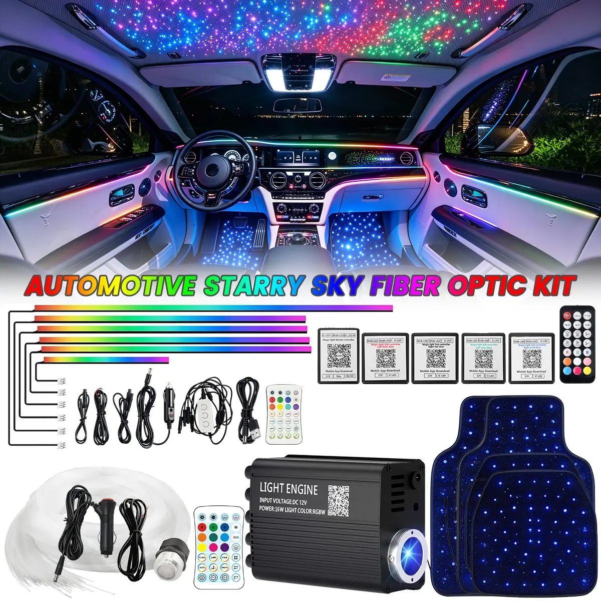 Starlight Car Floor Mats + Roof Starlight Headliner Kit with RGB Car Interior Ambient Lights,Dreamy Car Interior,Ultimate Car Interior Set