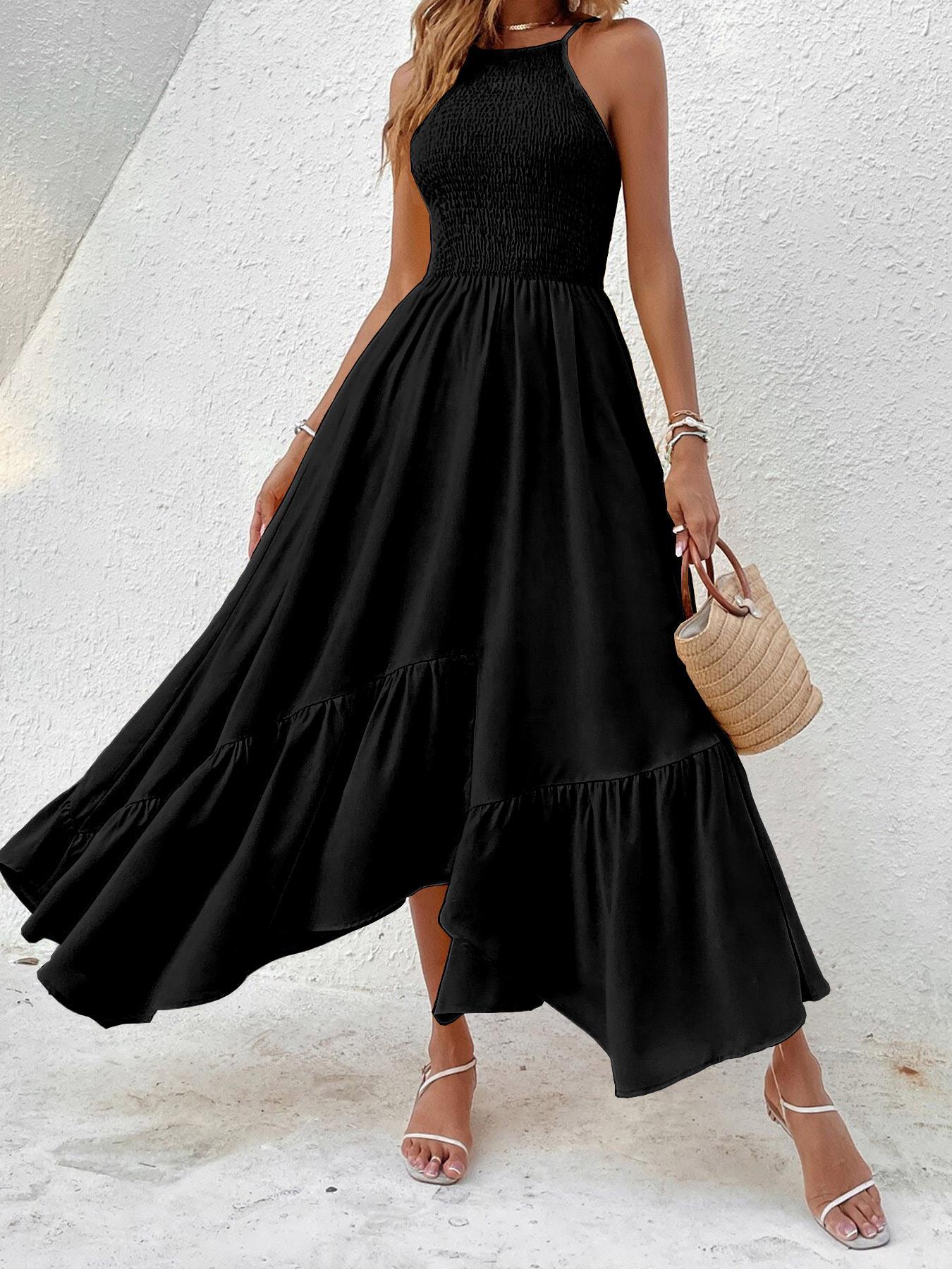 Pure Color Halter Top Front Gathered Design, Irregular Hem Waist Cinched Chic Dress, Perfect for Beach Vacation, Spring & Fall Fashion