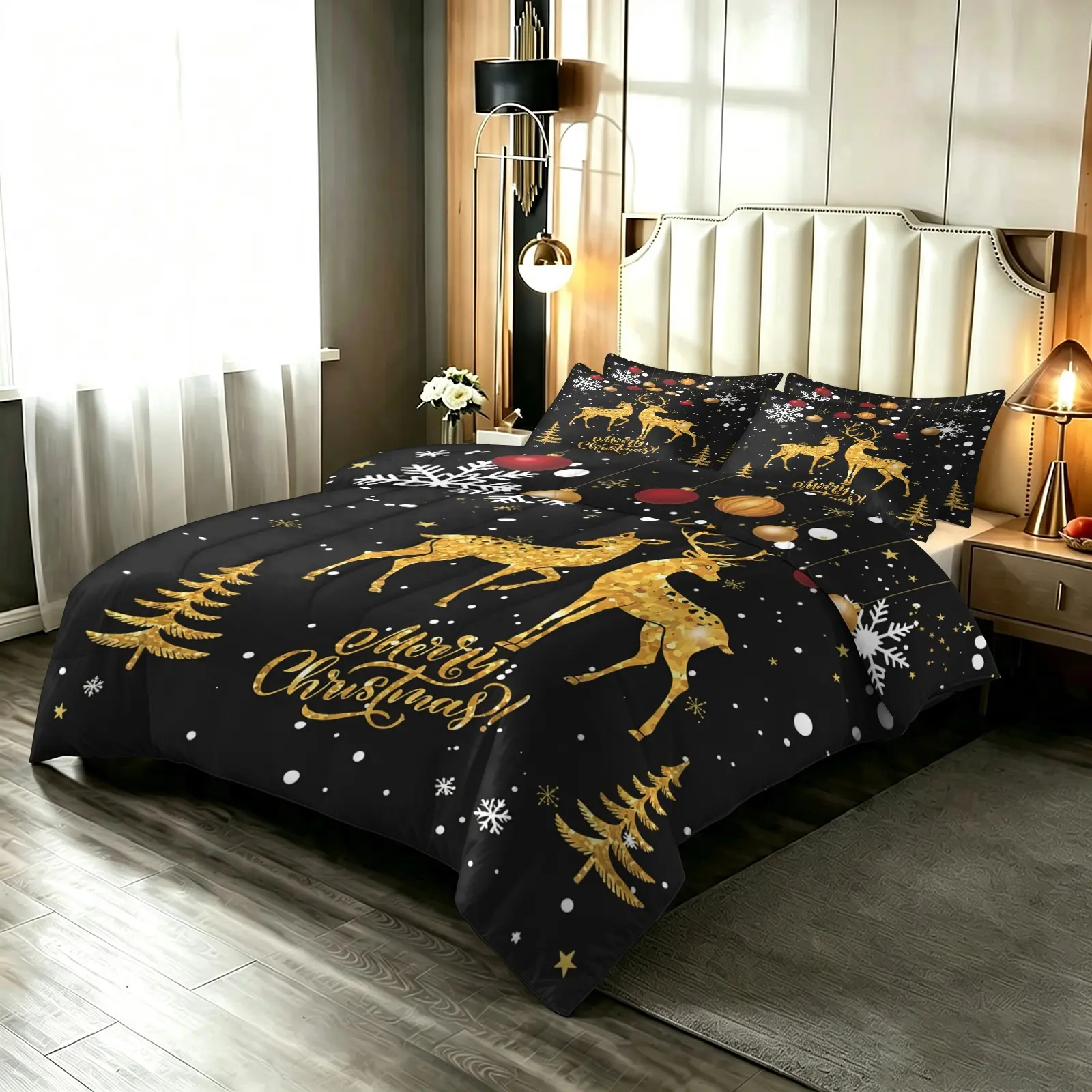 3-Piece Snowflake Reindeer Pattern Quilt Set, Soft Comfortable, Christmas Decor, Bedroom, Guest Room, All-Season Home Decor