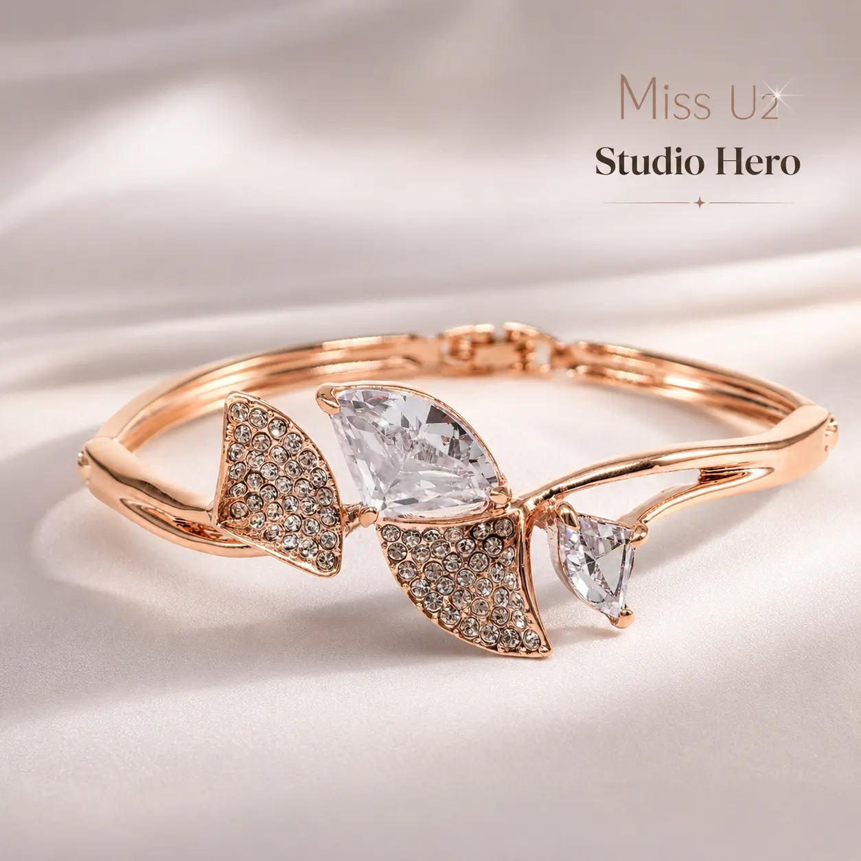 Women's Rose Gold-Tone Hinged Bangle, Petal-Shaped Clear Rhinestone & Marquise Stone Floral Bracelet, Formal Wedding Bridal Costume Jewelry Gift For Her