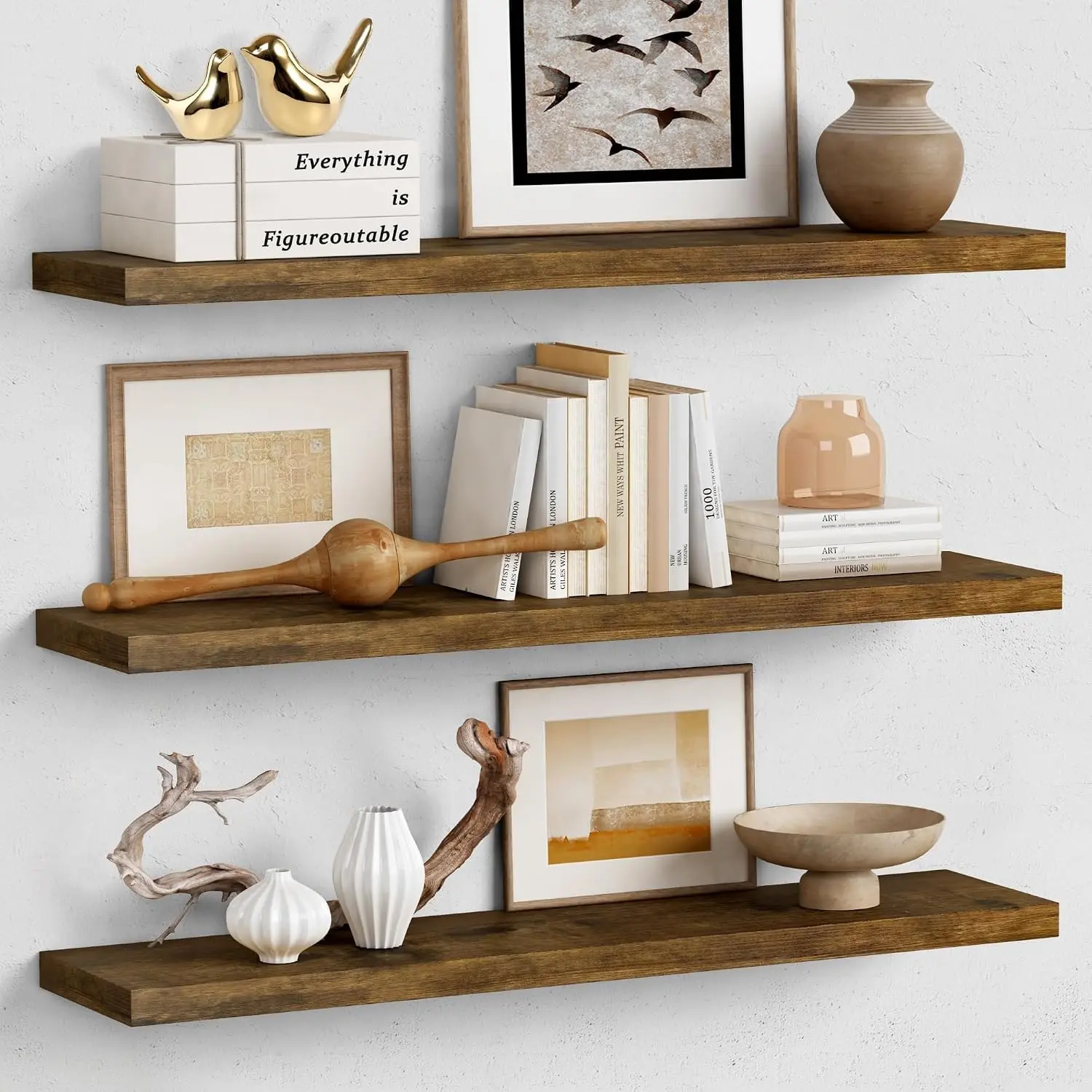 36 Inch Floating Shelves for Wall Long Set of 3, Large Deep Wall Shelves for Bedroom Living Room Decor, Rustic Wood Floating Shelf for Kitchen Closet Office TV Plants Books (Dark Brown)