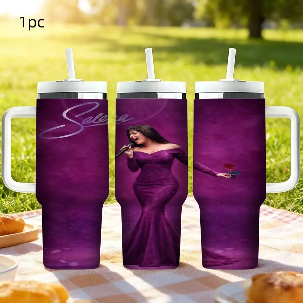 1pc 40oz 1200ml 304 Stainless Steel Tumbler, Selena purple gown stage portrait full wrap print, large‑capacity handled straw tumbler for Latin‑music lovers