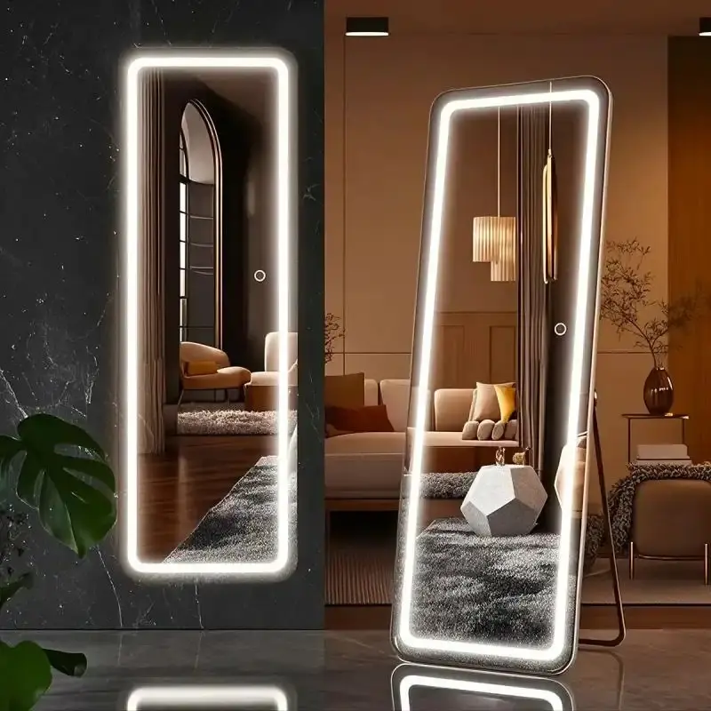 Modern Illuminated Rectangle Mirror - 64"x21" Tall Narrow Front-Facing Floor Mirror with Stand, Dimmable 3-Color LED Lights, Shatterproof Aluminum Glass, Solid Frame, Father's Day Gift for Bedroom Decor, Modern Illuminated Mirror, Mirror For Bedroom