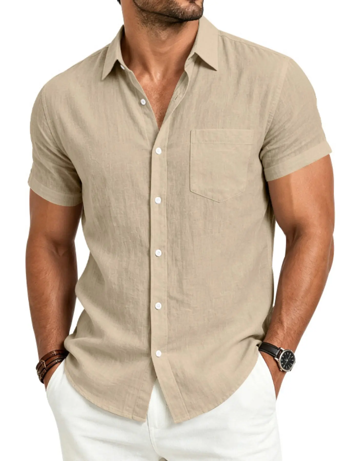 Men's linen short-sleeved button-down collar shirt, regular fit, with chest pocket, casual top, suitable for summer vacations and daily wear, office/ professional shirt/daily commuting top