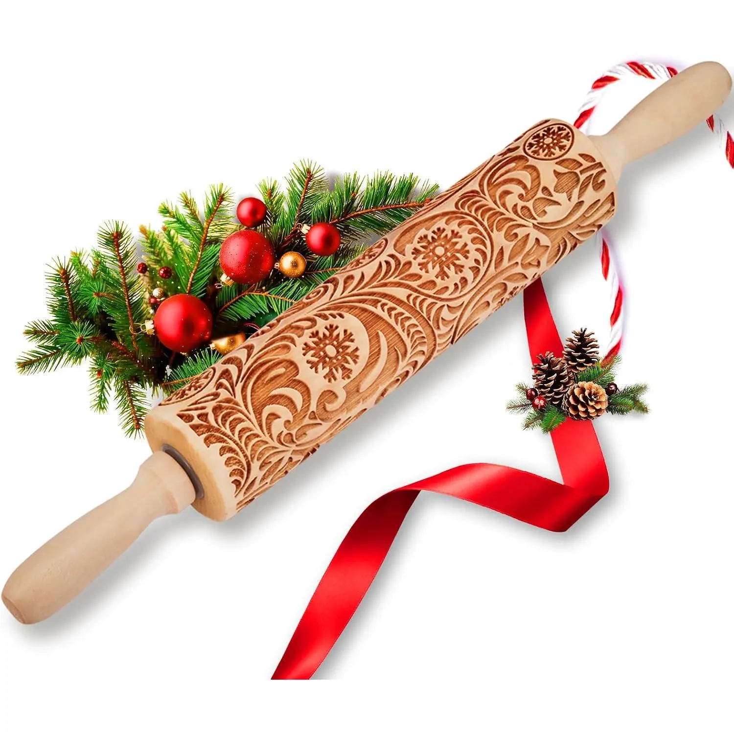 Christmas Gifts Wooden Embossed Rolling Pin for Baking, Stocking Stuffers Gifts for Women, Deep Engraved Embossing Rolling Pins with Snow  Designs for Baking Cookies  Roller DIY Tools