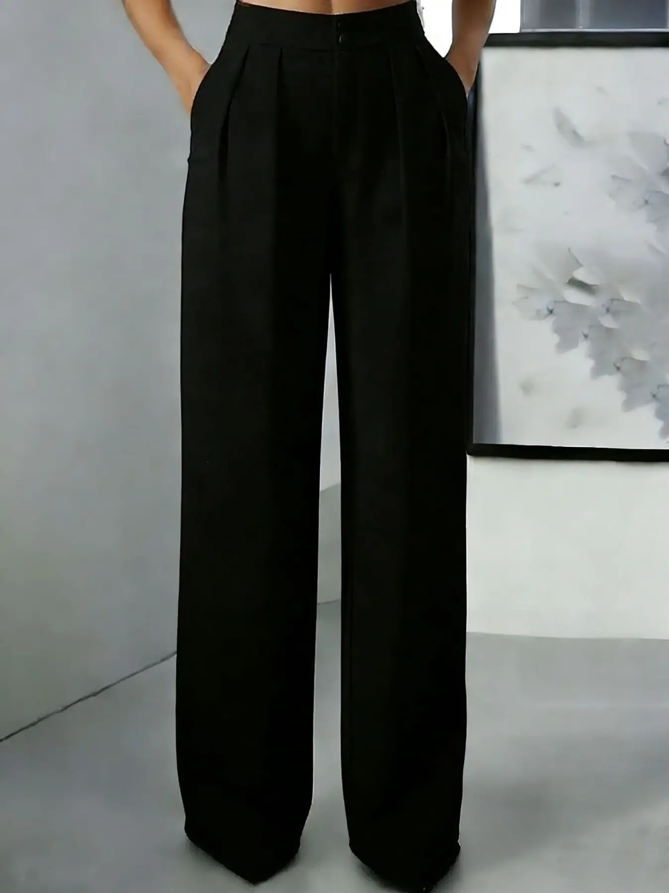New Women's High Waist Flowy Straight Leg Simple Western Fit Elastic Long Pants, Comfortable and Stylish, Perfect for Daily Wear