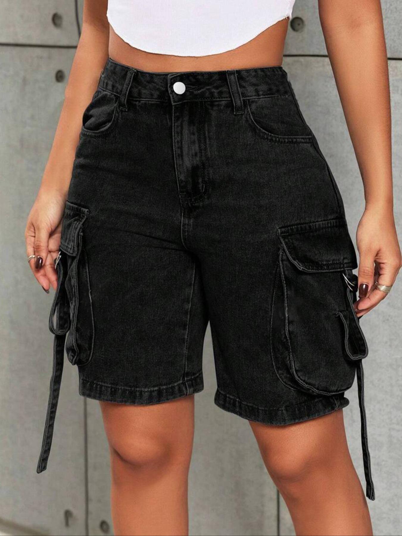 Women's Washed Denim Cargo Pocket Shorts - Y2K Functional Street Style - Comfortable Stretchy Fitted Fabric with Tummy Control