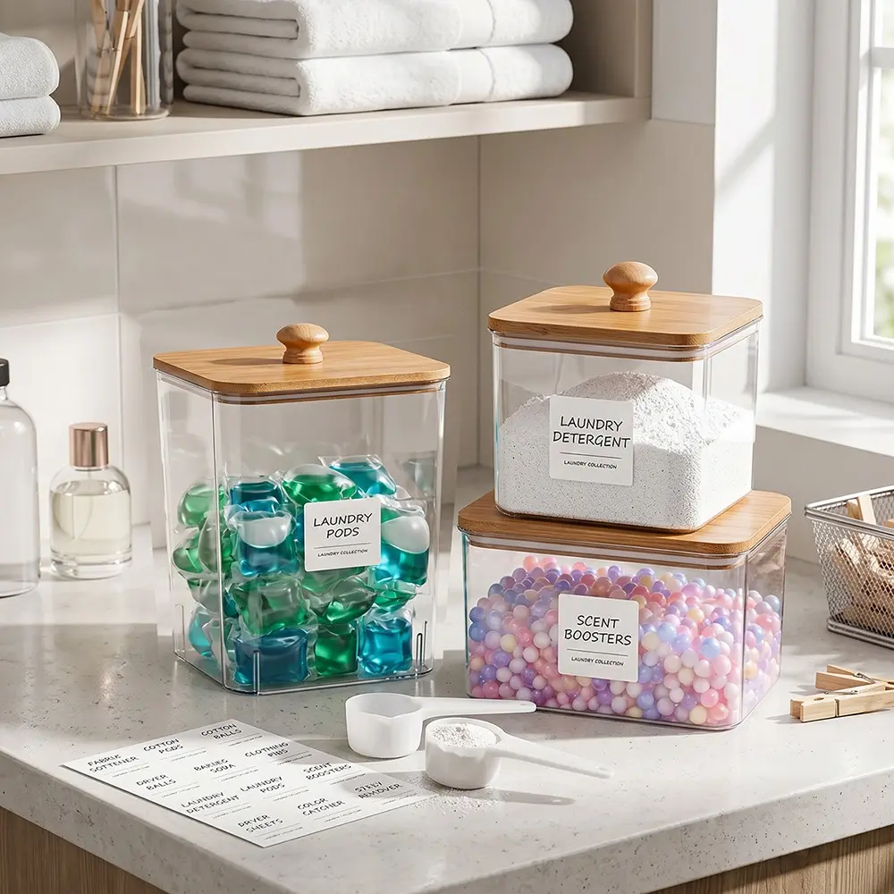 Laundry Storage Containers, 3 PCS Washing Powder Storage Laundry Room Organizer Laundry Jars with Lids Labels and Scoops Clear Dryer Sheet Holder for Washing Pods Powder Scent Booster