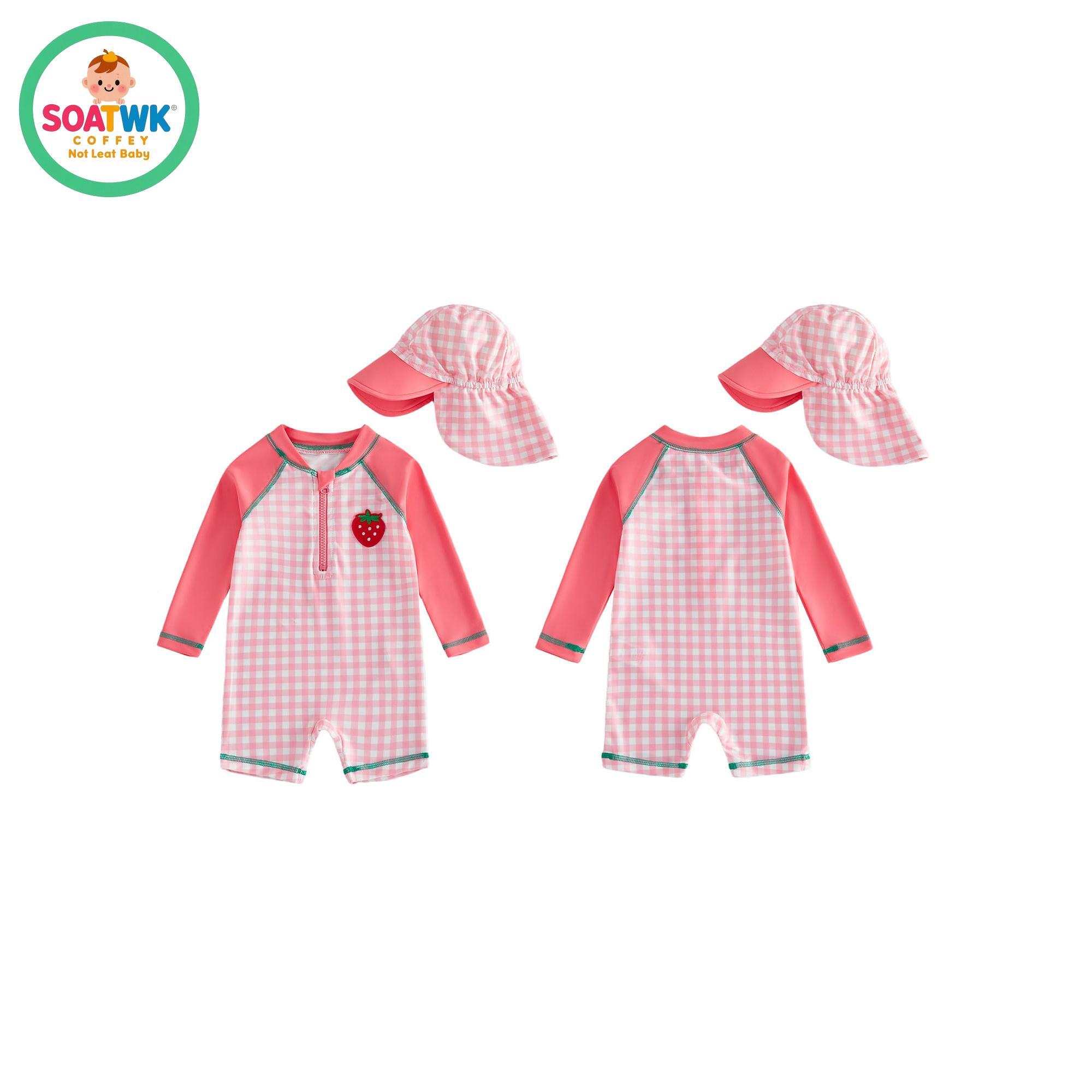 Toddler Girls Rash Guard Swimsuit Playsuits Strawberry Embroidery Plaid Print Long Sleeve Baby Bathing Suit with Sun Hat