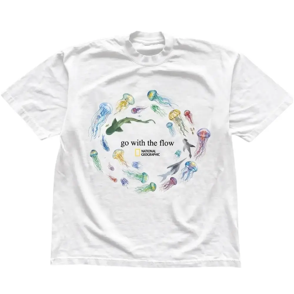 DTG-Shark and Jellyfish "Going with the Flow" T-shirt, ocean-themed shirt, animal print T-shirt, gift shirt, unisex retro pattern T-shirt, gothic style Y2K mood scene, unisex streetwear