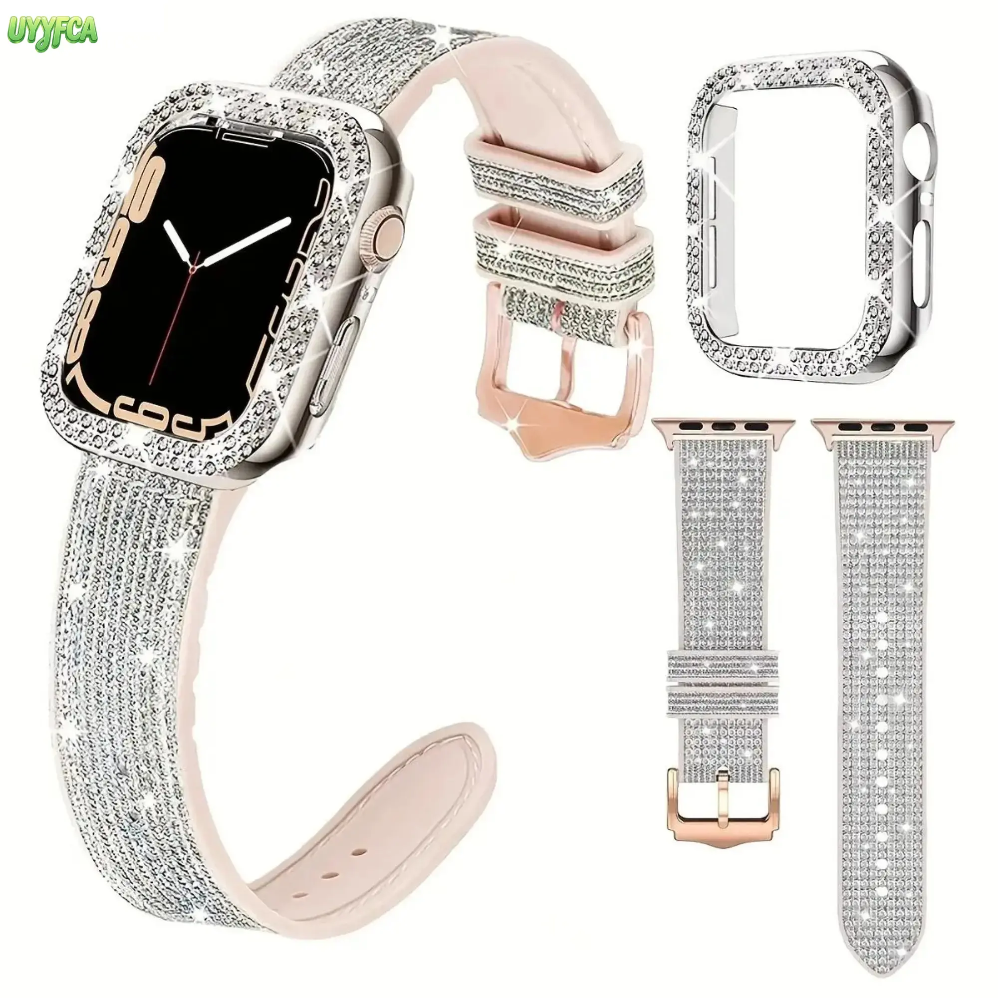 Bling Rhinestone Inlaid Silicone Watch Band With Diamond Edge Protective Bumper Case For Apple Watch, Adjustable Glitter Strap Accessory Set Compatible With Series 1 To 10 And Ultra, Glam Wrist Decor For Women Daily Dating Party Outfit Matching,Summerwins