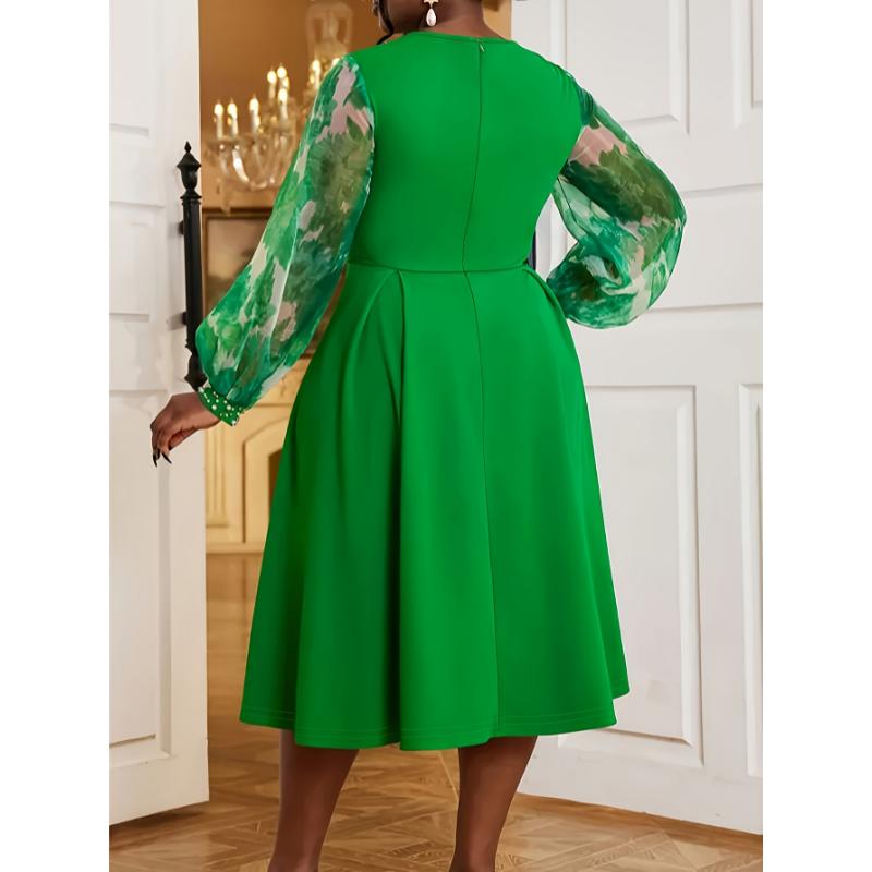 Elegant Emerald Green Beaded Round Neck Long Sleeve Formal Dress VV607860 with Ruching Tie-Dye Detail Machine Washable Polyester for Weddings Galas Parties Womenswear