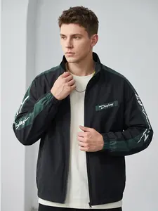 American Vintage Patchwork Stand Collar Jacket for Men, Loose Fit Casual Outerwear, Letter Print, Lightweight Functional Style, Spring & Fall