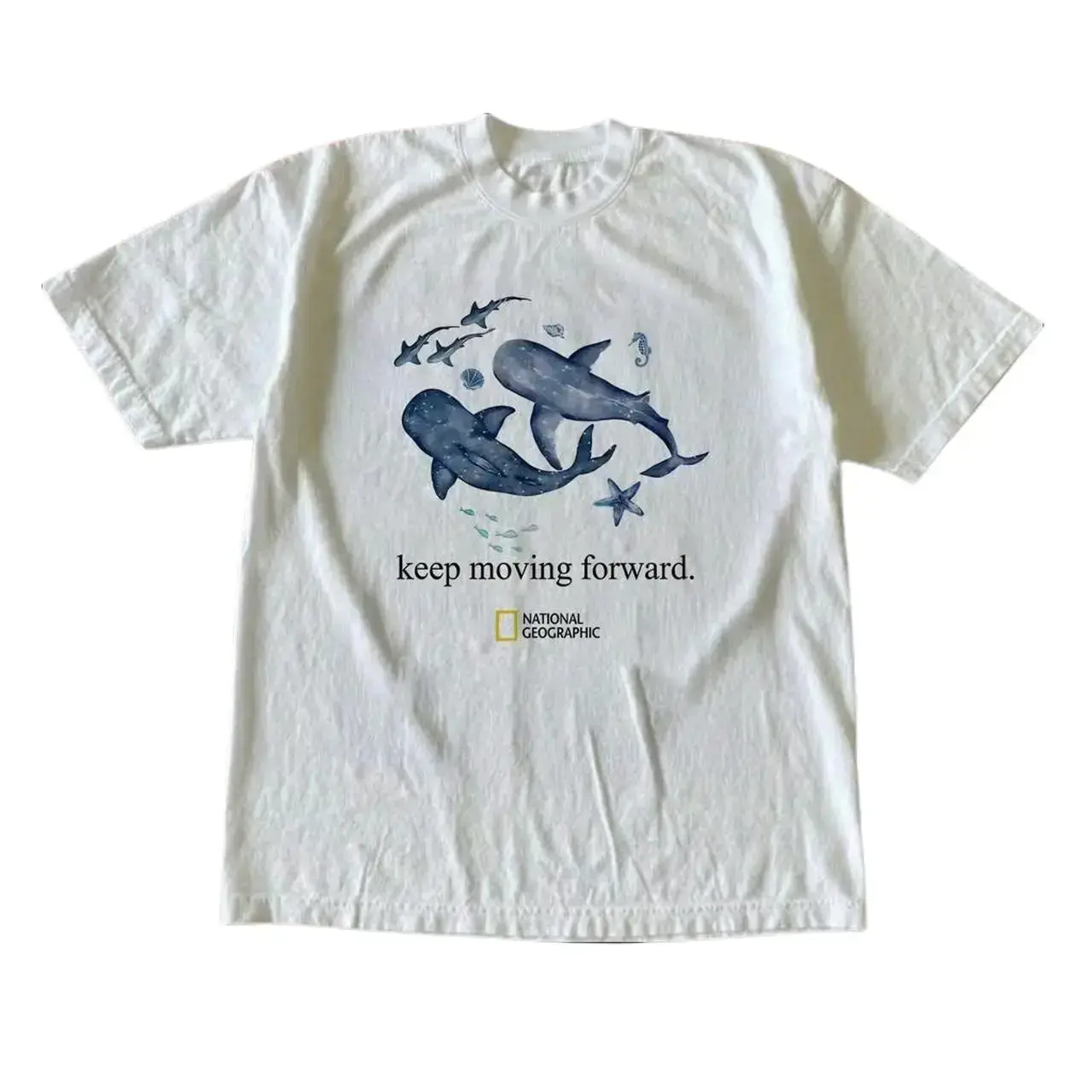 Keep Moving Forward Whale Graphic T-Shirt Ocean Animal Vintage Tee Unisex Y2K Aesthetic Summer Top