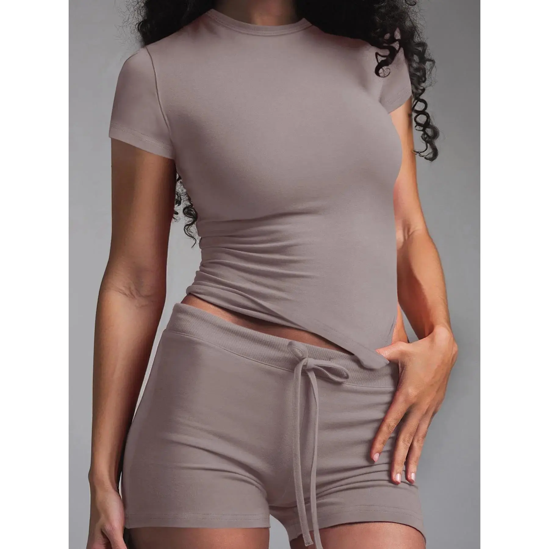 Women's Solid Color Modal Loungewear Two-Piece Set, Casual Comfy Short Sleeve Round Neck Tee & Drawstring Waist Shorts PJ Set, Ladies Sleepwear for All Seasons Pajama Set