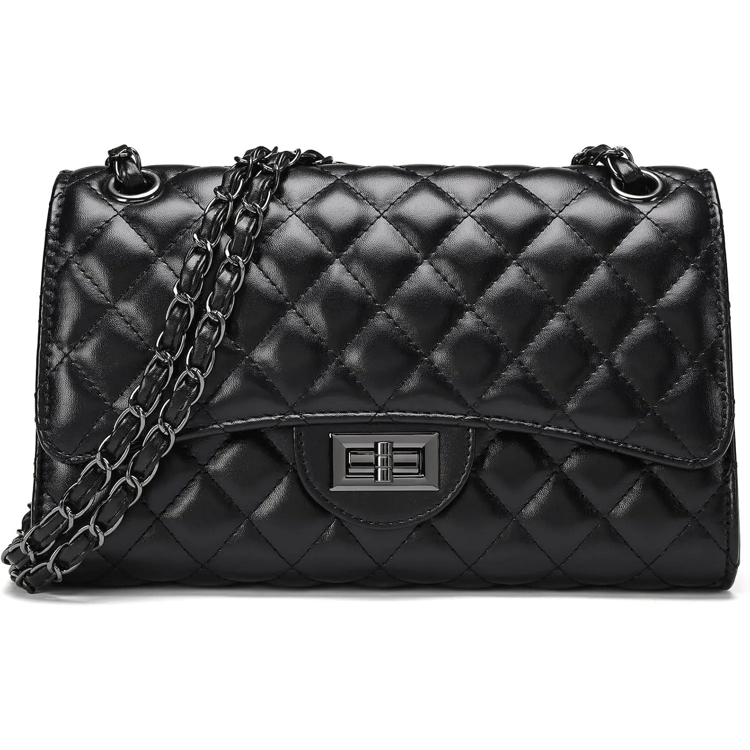 Women's Quilted Vegan Leather Crossbody Bag - Modern Trendy Satchel-Style Purse with Chain Strap, Twist Lock, Large Cap
