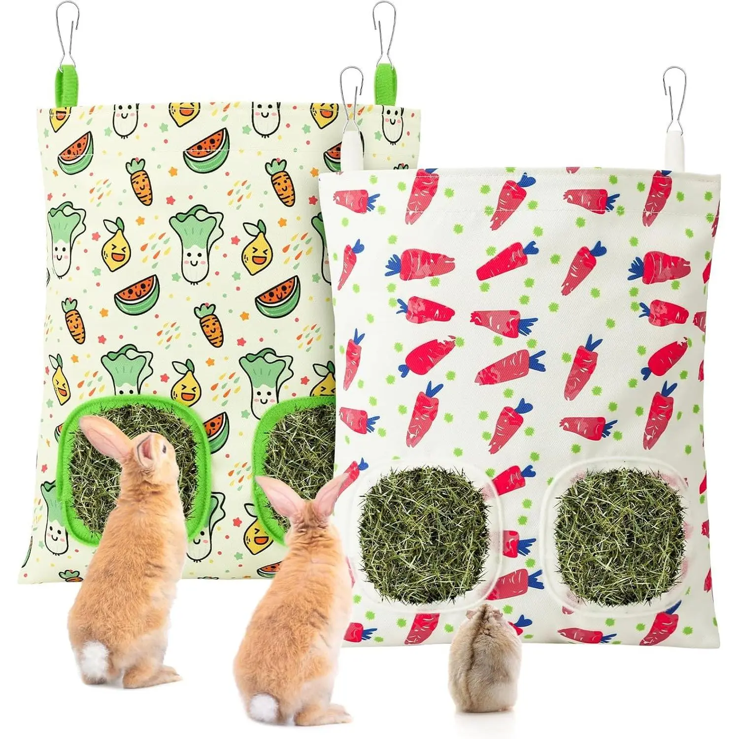 2 Hanging Rabbit Hay Bag Feeders, All-Seasons Small Animal Cage Hay Storage Holders for Guinea Pigs