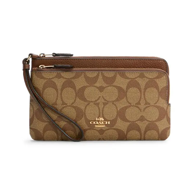 Coach Double Zip Wallet for Women – Saddle Brown Leather Cardholder Clutch