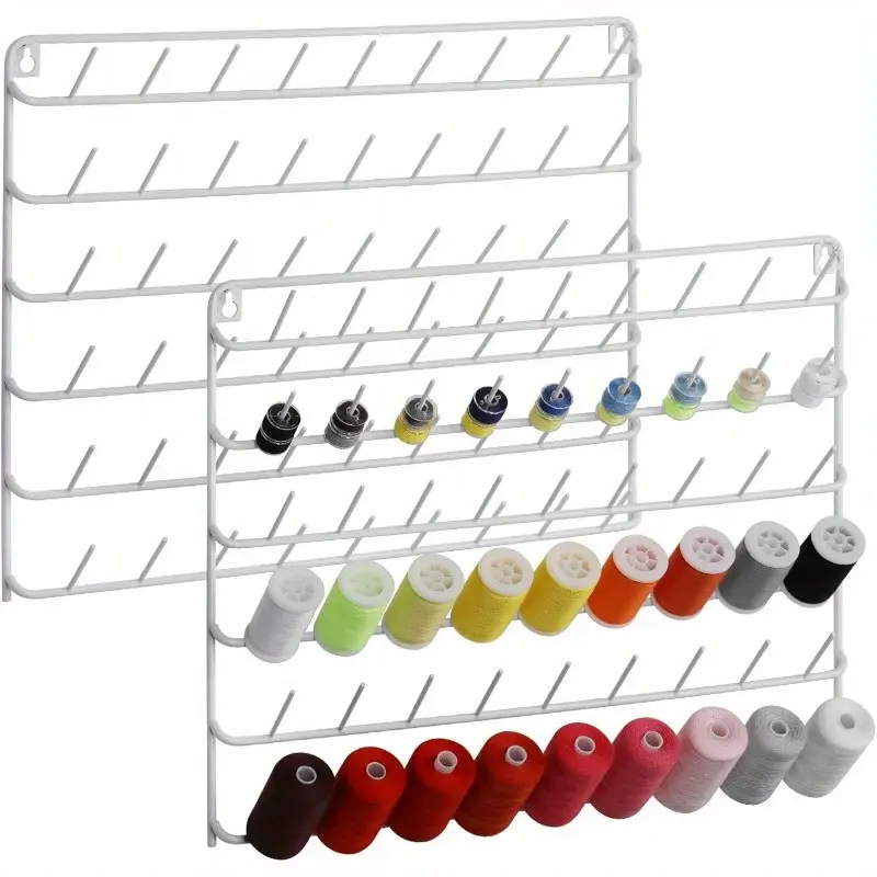 Wall Mounted Thread Organizer 2 Pack 54 Spool Capacity Metal Rack Includes Hanging Tools Ideal for Embroidery Cross Stitch Quilting and Sewing Thread Storage in Any Craft Room