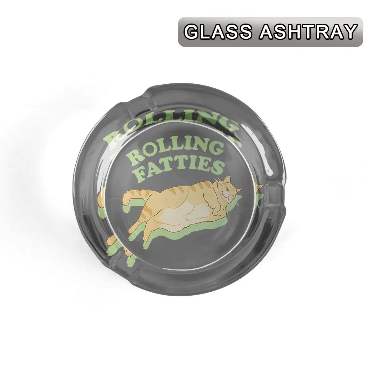 Round Glass Ashtray, Rolling Fatties Cute Lazy Orange Cat Printed Cigarette Ash Tray with Anti-Slip Base, 3 Slot Cigarette Holder Decorative Ash Tray for Indoor Outdoor Home Office Patio Smokers Gift