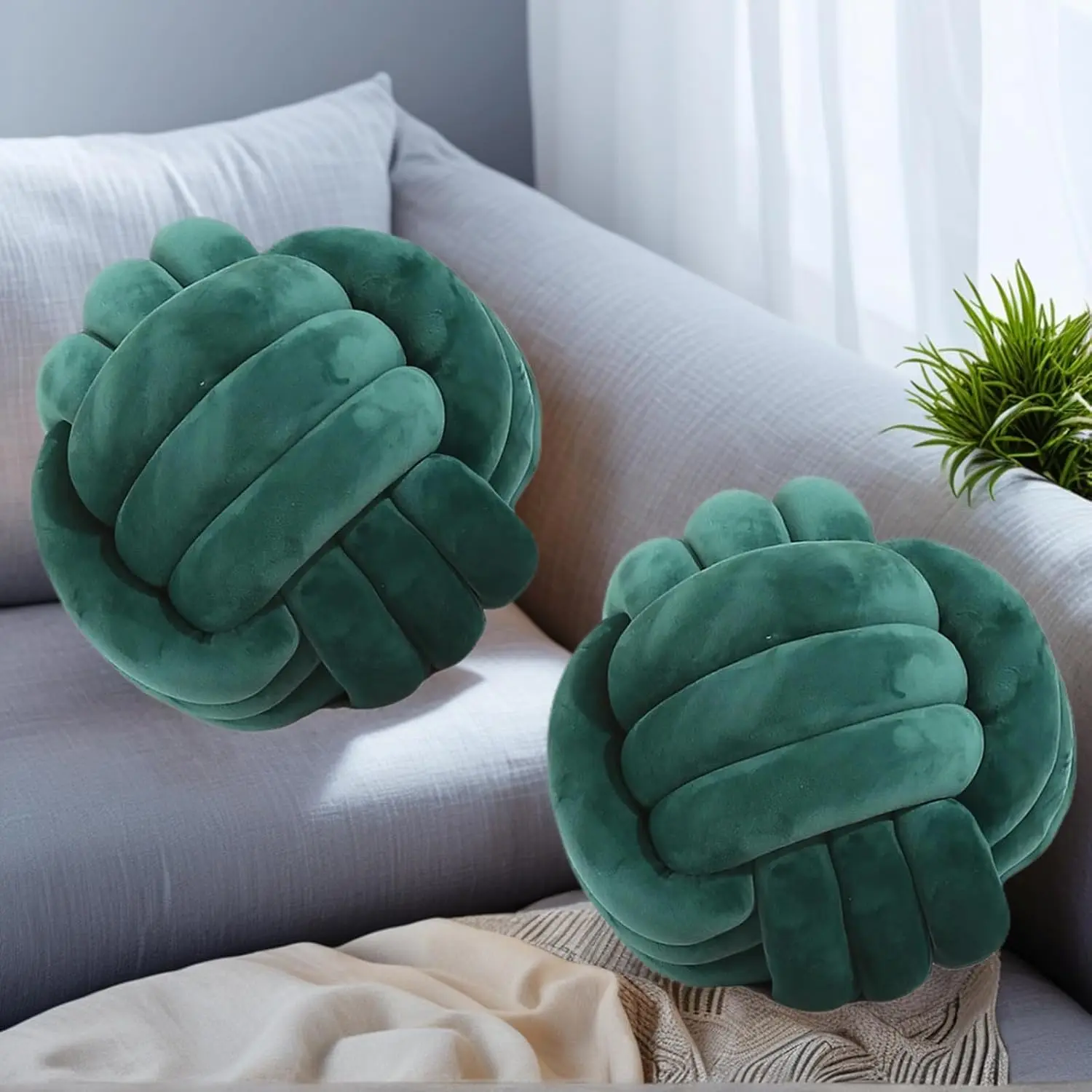 2 count Knot Ball Pillows Decorative Round Throw Pillows for Couch | Dark Green 8.7", Plush Knotted Ball,  Accent  Decor for Sofa Bed Living Room