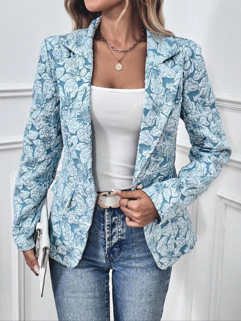 Women's Floral Pattern Blazer, Elegant Long Sleeve Open Front Outerwear for Work Office Business, Longsleeves Suit Blazer, Ladies Spring & Fall Clothes