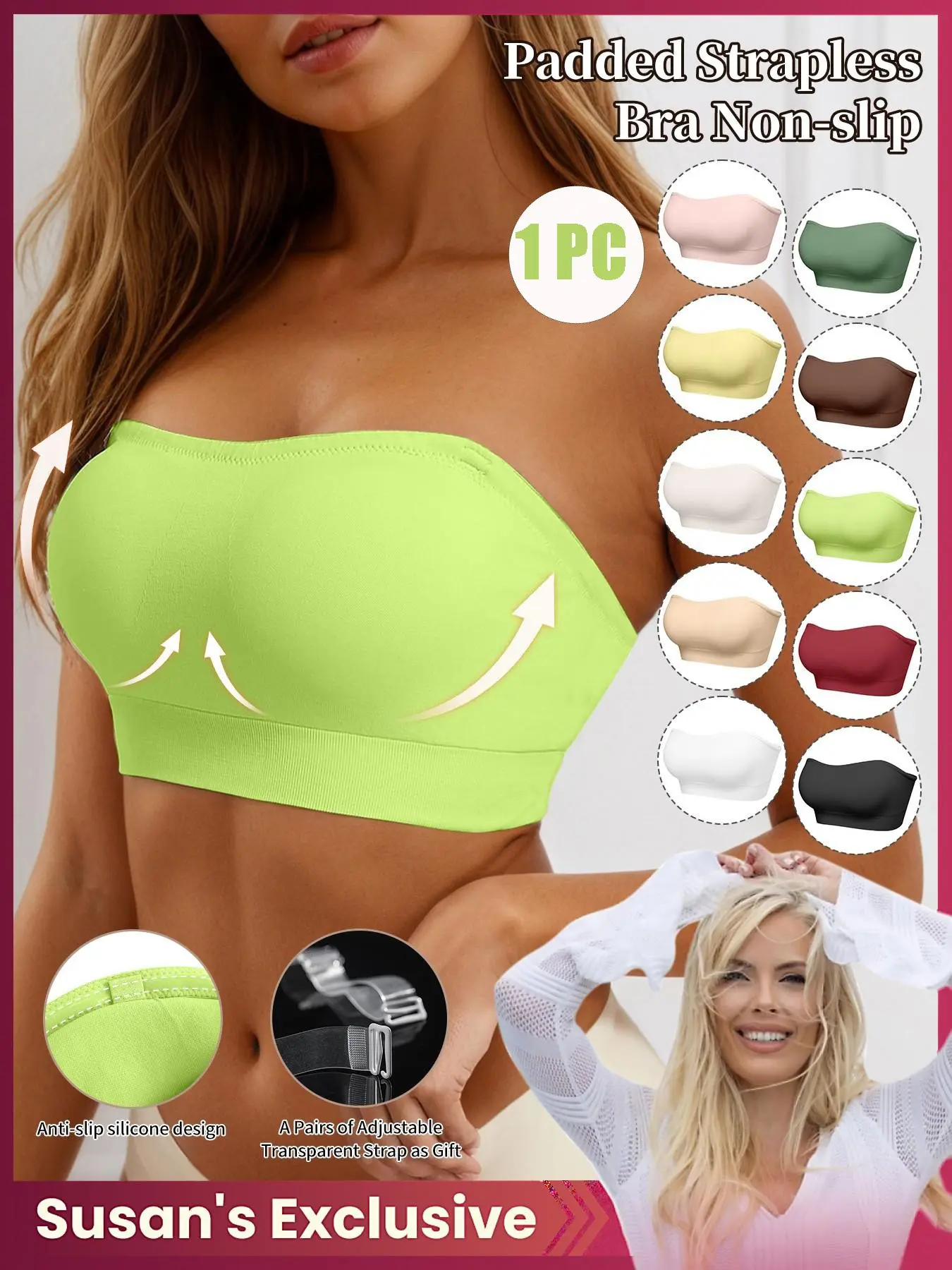 Women’s Strapless Bra with Gathered Design, No Wire and Non-Slip Backless Style, Seamless Invisible Cup Bras for Ultimate Comfort