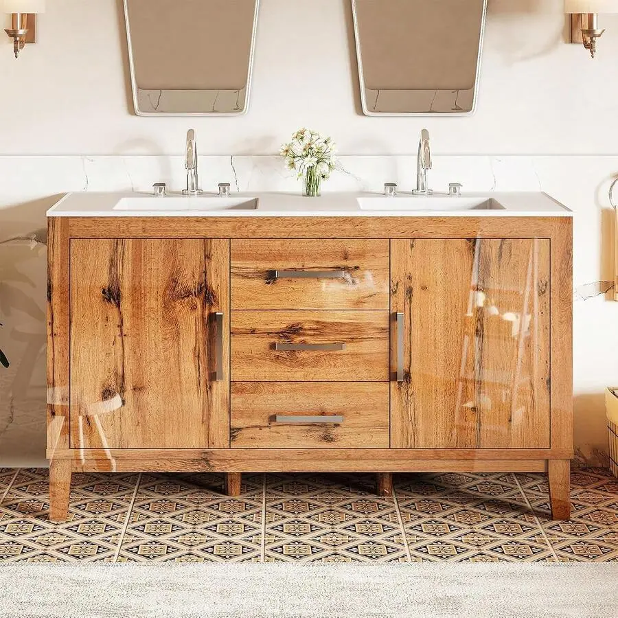 Bathroom Vanity With Sink, 60" Double Bathroom Vanity In Gloss Woodgrain, Storage Cabinet With 3 Hole Sink, Drawers And 2 Soft Close Doors, Yellow Oak
