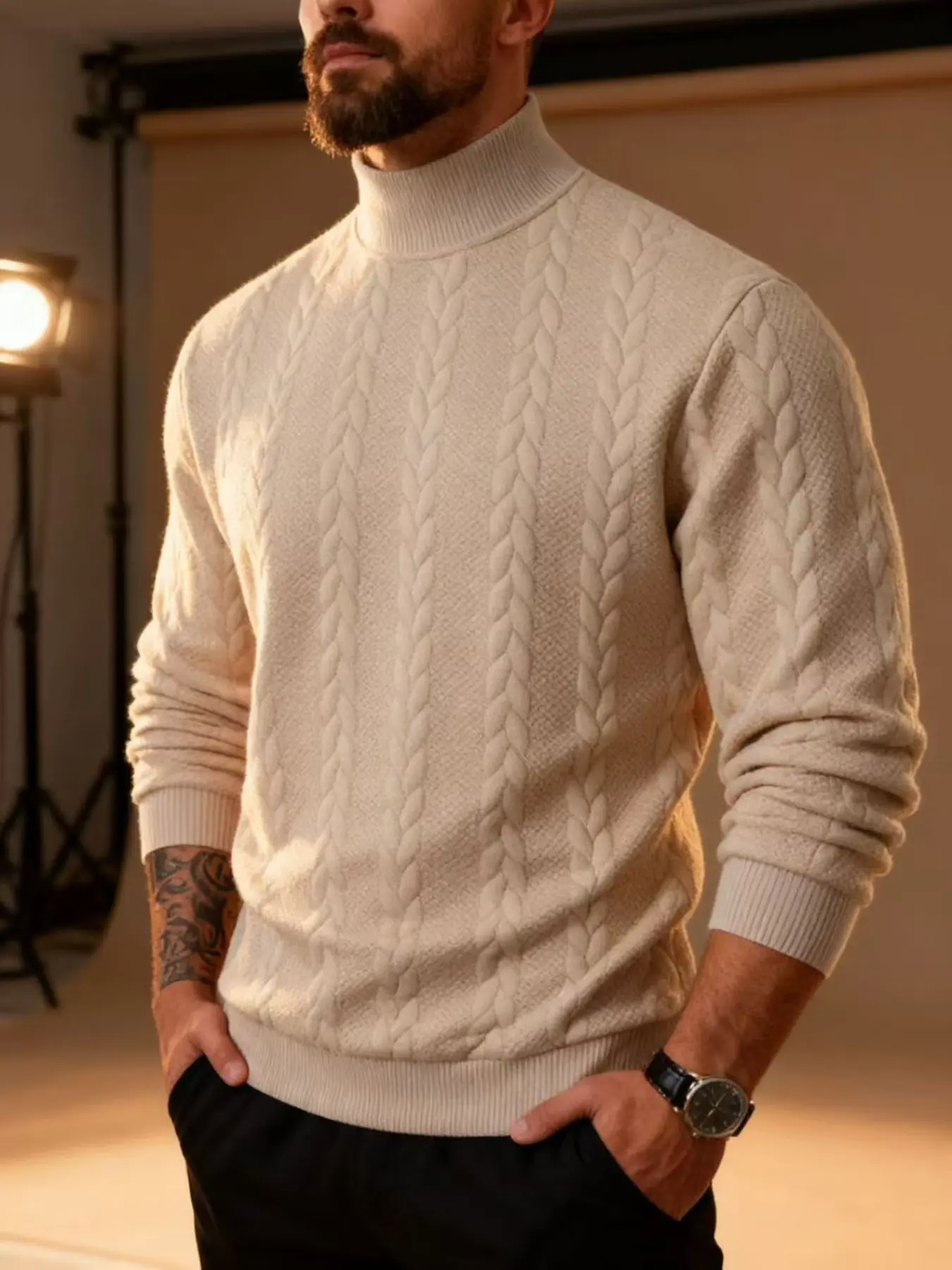 Men's half-neck vertical stripe cable-knit sweater - textured casual pullover sweater with cozy, skin-friendly and comfortable fit. Suitable for both casual commutes and daily wear, it can be worn as an inner layer or an outer garment and is versatile.