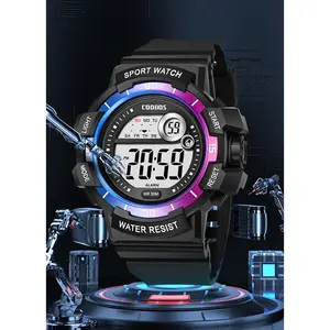 Unisex Digital Sports Watch, Luminous Display, 50M Water Resistant, PU Strap, 53.5mm Round Plastic Case