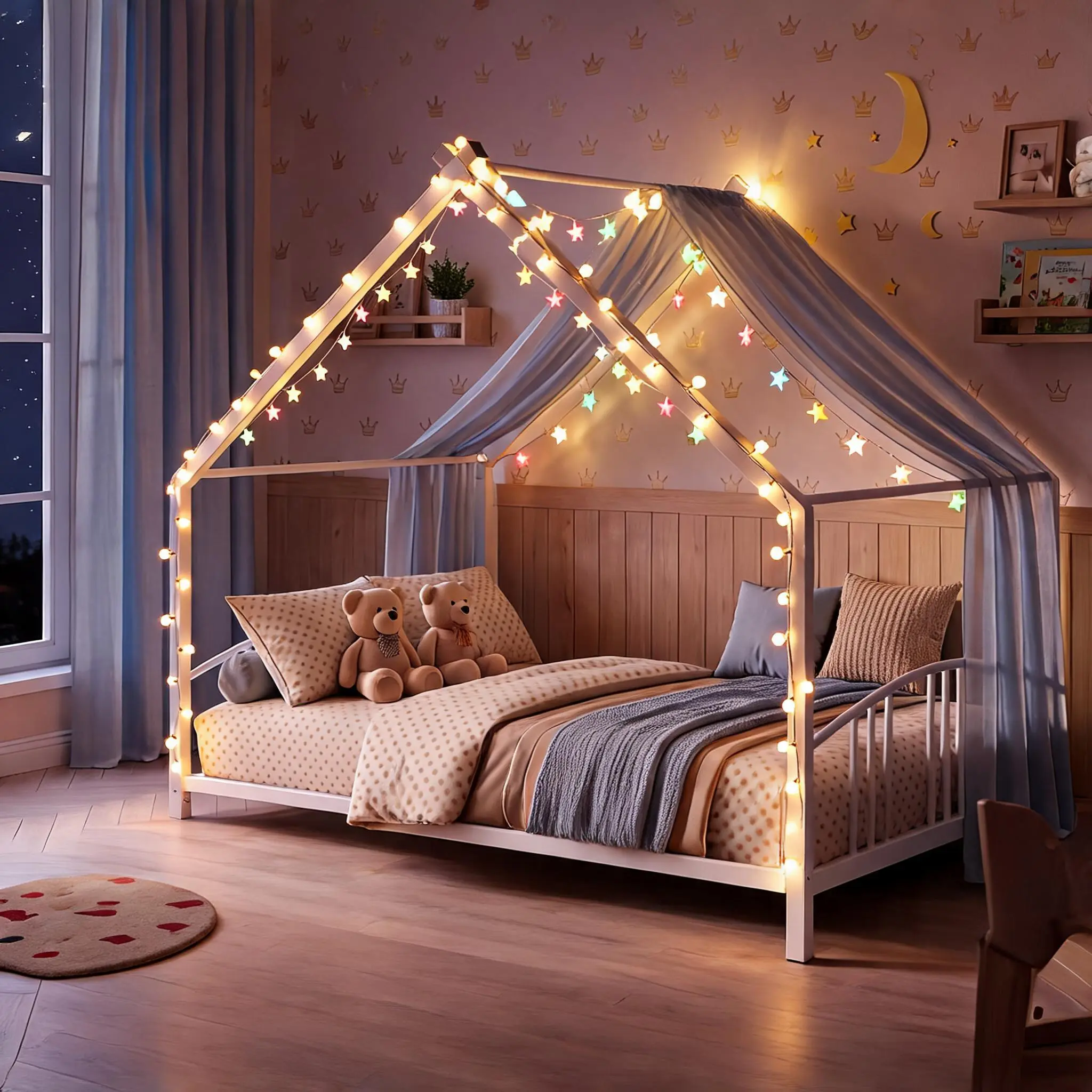 Full/Twin Size Metal House Bed Frame for Kids, Montessori Floor Bed for Kids with Roof, Low Bed with Rails, House Shape DIY Toddler Bed for Boys/Girls, Sturdy Safety