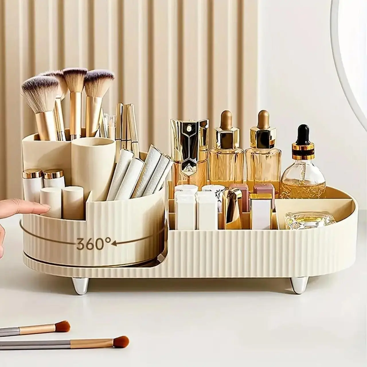 Large Capacity 360° Rotating Storage Organizer, multi-compartment spinning desktop box for stationery cosmetics and toiletries, space-saving organizer for office desk vanity bathroom and living room countertop organization