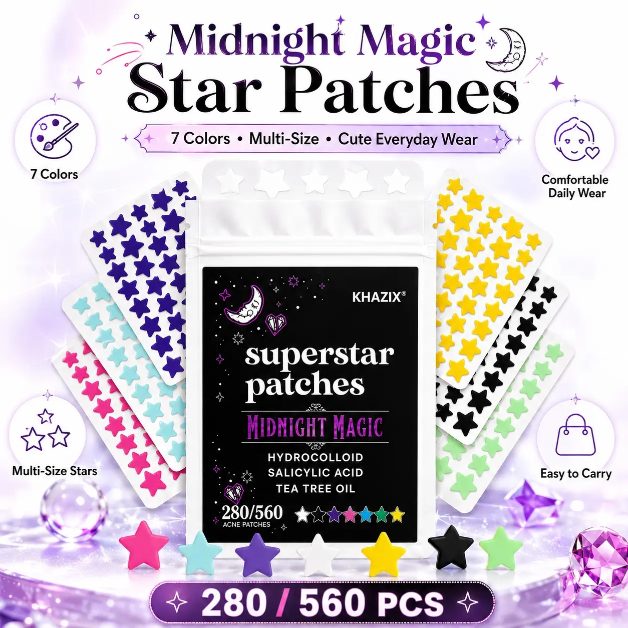 Large-Sized Star Acne Patches, Acne Spot, Facial Pimple Stickers, Invisible Blemish Concealers, Multi-Colored Cartoon Design, Ultra-Thin and Breathable