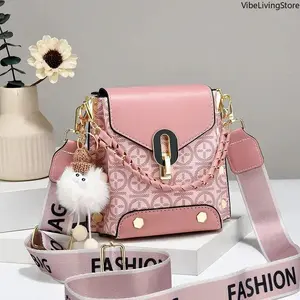 Women's Elegant Mini Crossbody Purses - Fashion Printed Flap Square Cell Phone Bags with Braided Handle, Adjustable Wide Strap & Pom Pom Charm Accessory for Daily Use