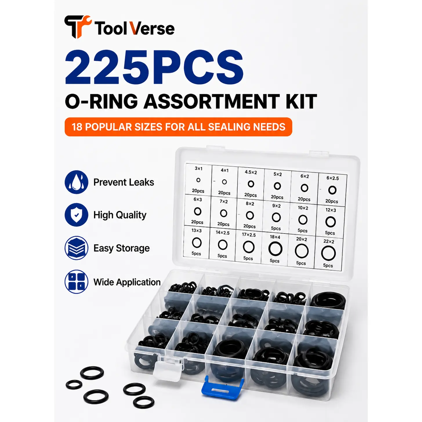 Tool Verse| 225PCS Nitrile Rubber O-Ring Assortment Kit, 18 Sizes Universal Rubber Seal Gasket Washers, Oil Resistant O Rings for Plumbing, Automotive AC, Faucet, Water Pipe & Machinery Repair#ORingKit#PlumbingRepair#AutoACRepair#HomeDIYTools
