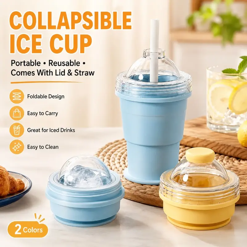 Collapsible Ice Cup with Lid and Straw, Portable Reusable Foldable Drinking Cup, Space-Saving Travel Tumbler for Iced Coffee, Juice, Lemonade, Smoothies, Outdoor, Camping and Daily Use